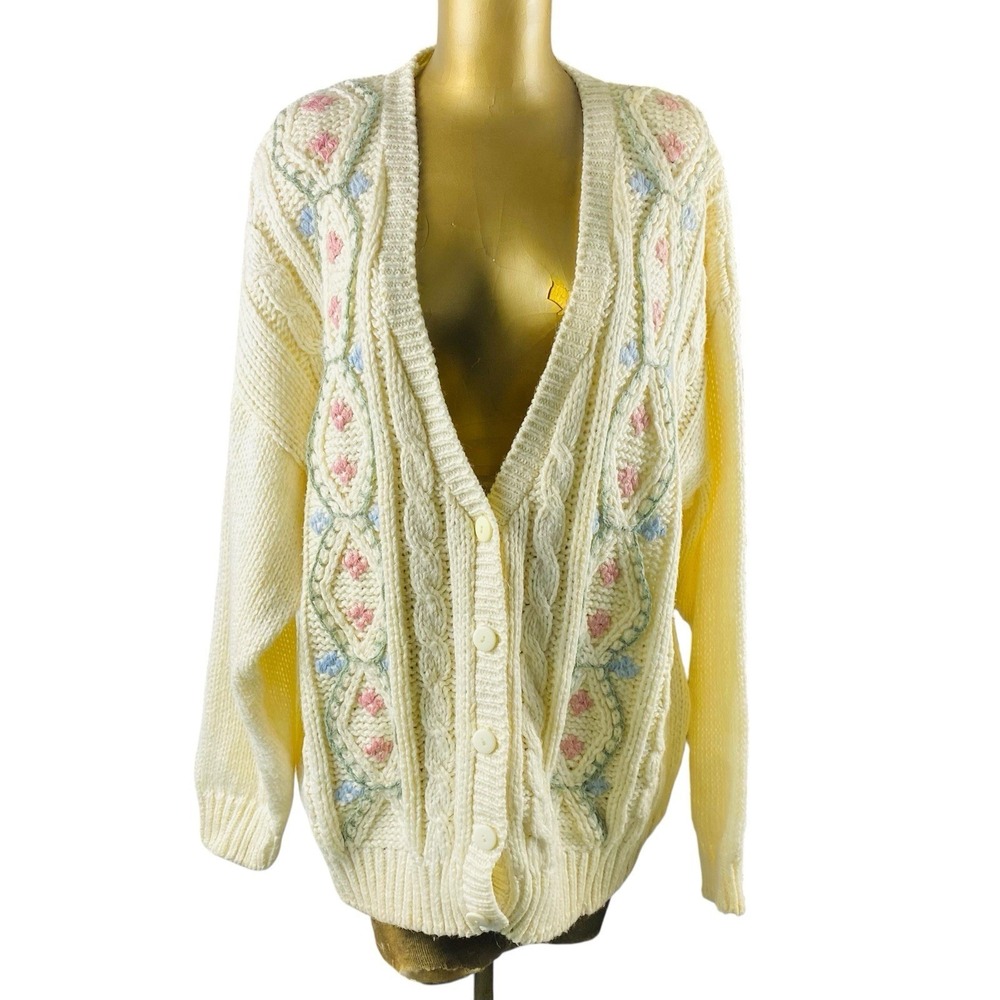 Vintage Blair Boutique Hand Knit Floral Cable Cardigan Cottagecore Sweater 3XL